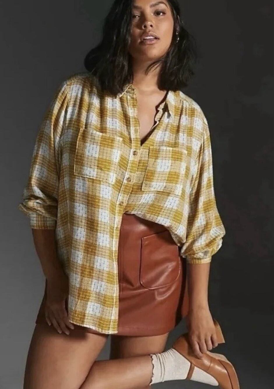 Anthropologie Pilcro Yellow White Buffalo Plaid Boyfriend Button Up Shirt Sz L